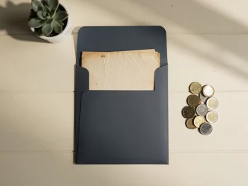 Versleten Nederlands pensioendocument op houten bureau naast stapel euromunt met ochtendlicht en vetplant