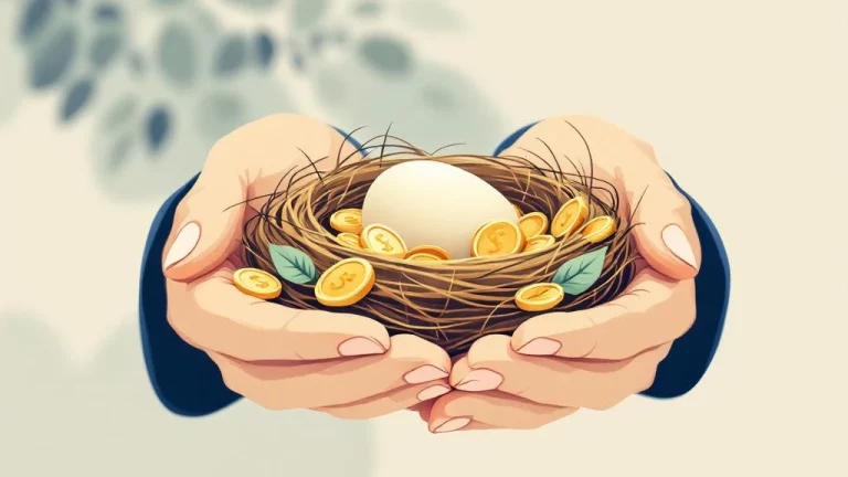Nest ei in beschermende handen met gouden munten, professionele illustratie voor financiële zekerheid en stabiliteit