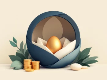 Gouden ei in beschermend nest met muntstapels en documenten, minimalistische financiële zekerheid illustratie