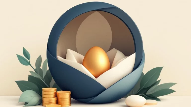 Gouden ei in beschermend nest met muntstapels en documenten, minimalistische financiële zekerheid illustratie