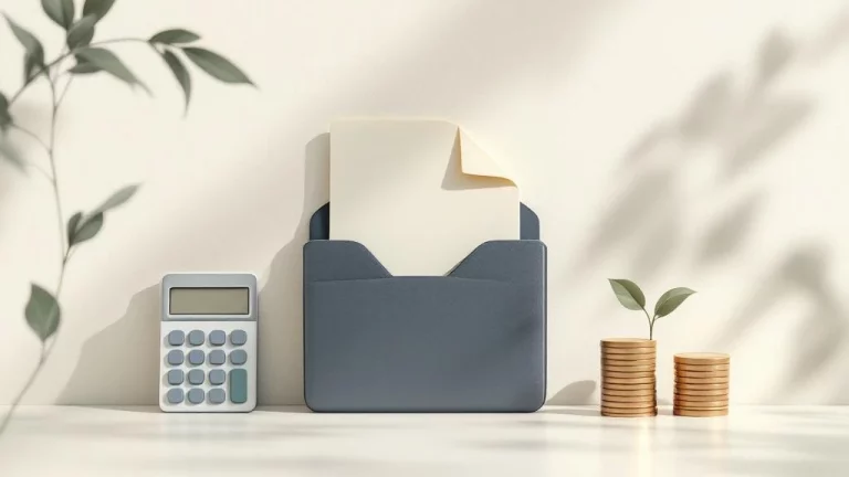 Documentmap icoon met rekenmachine en muntenstapels in rustige kleuren voor financieel beheer ODV BV