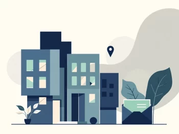 Kantoorgebouw icoon met locatiemarker en documentsymbool in navy blauw en groen tinten, professionele ODV BV specialist illustratie