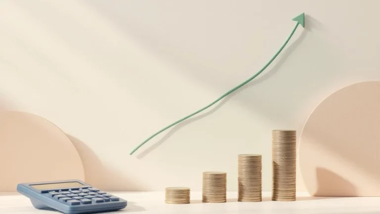Navy blauwe calculator naast gestapelde munten met groene groeicurve op crème achtergrond voor financiële planning  ---  **Token Count: ~230 tokens**