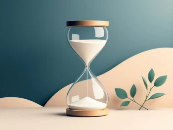 Zandloper met zachtjes stromend zand op marineblauwe achtergrond, symboliseert timing van ODV-pensioenbesluiten