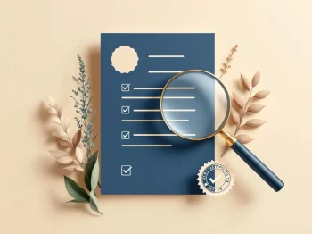 Vergrootglas boven document met certificeringsstempels en vinkjes in navy en beige tinten voor ODV-waardering