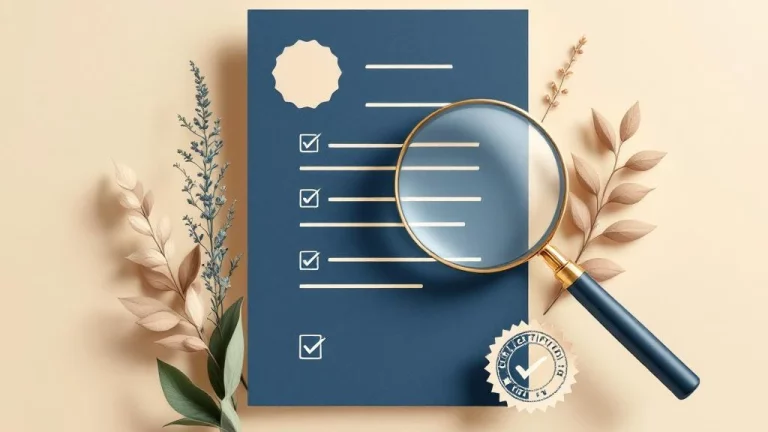 Vergrootglas boven document met certificeringsstempels en vinkjes in navy en beige tinten voor ODV-waardering