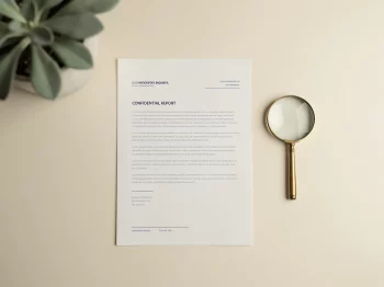 Opgevouwen officieel document op crèmekleurig bureau naast een messing vergrootglas, met een salie groene plant op de achtergrond.