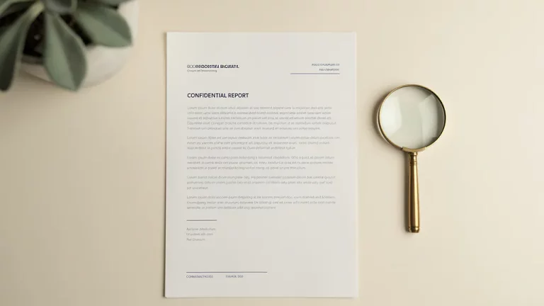 Opgevouwen officieel document op crèmekleurig bureau naast een messing vergrootglas, met een salie groene plant op de achtergrond.