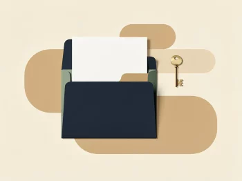 Open documentmap met een messing sleuteltje op een minimalistische tafel, symboliseert eigendomsoverdracht in neutrale tinten.