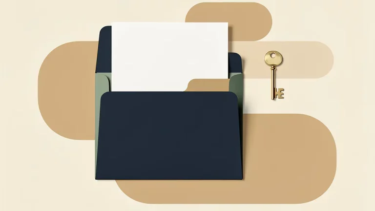 Open documentmap met een messing sleuteltje op een minimalistische tafel, symboliseert eigendomsoverdracht in neutrale tinten.
