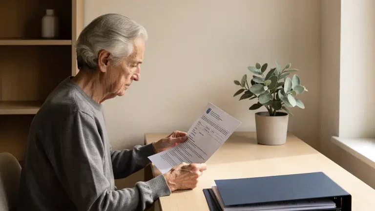 Oudere persoon bestudeert Nederlandse overheidsdocumenten aan houten bureau in rustig kantoor met plant en natuurlijk licht