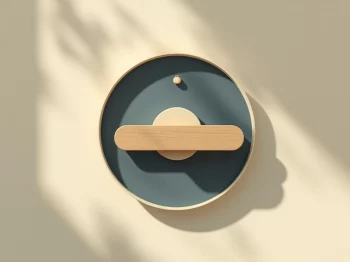 Houten schuifregelaar met pensioenaanpassingsmeter, nesteipictogram en pijlen op crèmekleurige achtergrond