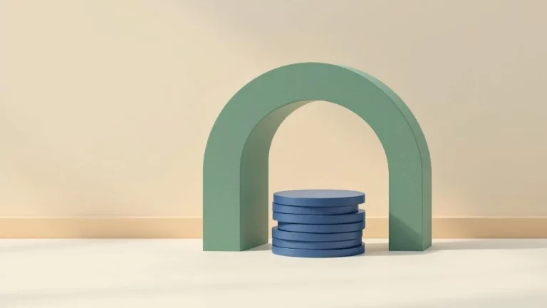 Marineblauw muntenstapel en saliegroen beschermende boog symboliseren BV-pensioen en AOW-integratie op crèmekleurige achtergrond