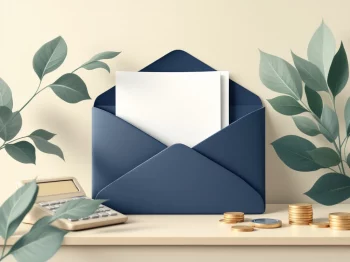 Elegant documentenmap met belastingpapieren naast calculator en munten in zachte navy en beige tinten