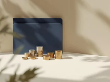 Rekenmachine naast stapels munten en documentenmap in minimalistische stijl voor pensioenbelasting planning