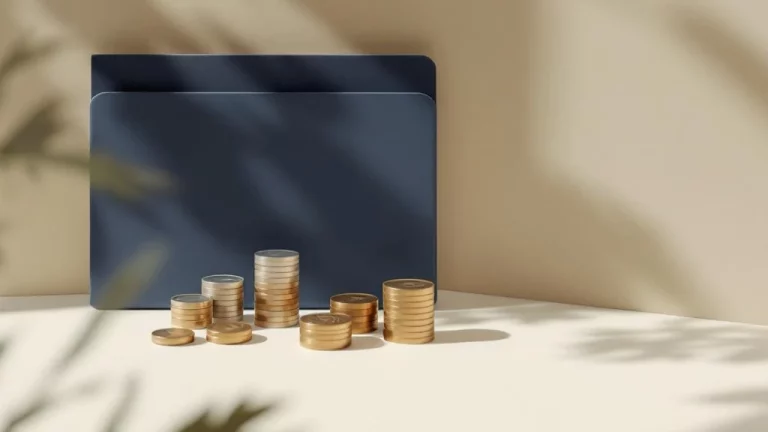 Rekenmachine naast stapels munten en documentenmap in minimalistische stijl voor pensioenbelasting planning