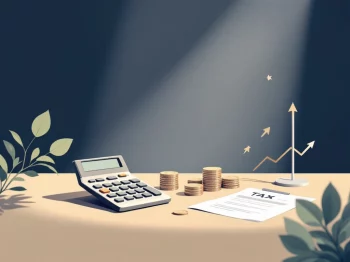 Rekenmachine en belastingdocumenten naast muntstapels met groei-iconen voor pensioenplanning