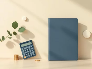 Rekenmachine, documenten en muntstapel in navy, beige en sagegroene tinten voor pensioenplanning en belastingadvies