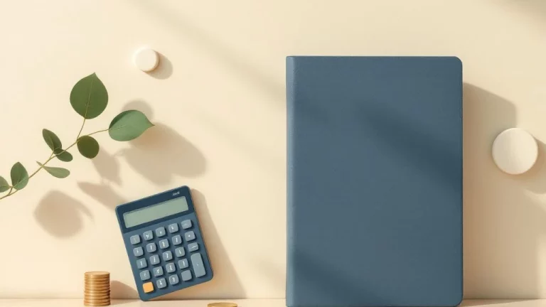 Rekenmachine, documenten en muntstapel in navy, beige en sagegroene tinten voor pensioenplanning en belastingadvies