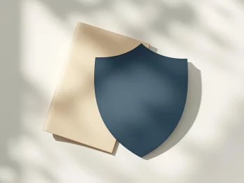 Document met lint naast beschermend schild op witte ondergrond, symboliseert pensioenzekerheid en contractbescherming