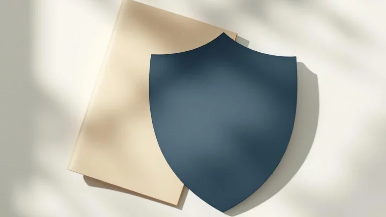 Document met lint naast beschermend schild op witte ondergrond, symboliseert pensioenzekerheid en contractbescherming