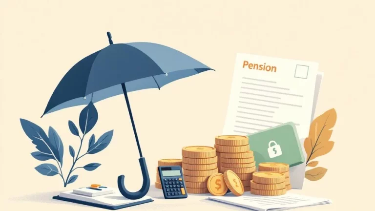 Paraplu beschermt stapel munten en documenten met calculator, professionele illustratie voor pensioenoplossingen