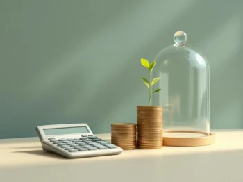 Rekenmachine naast muntenstapel met plantje onder glazen stolp, minimalistische compositie voor pensioen BV strategieën