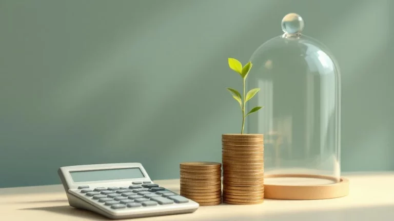 Rekenmachine naast muntenstapel met plantje onder glazen stolp, minimalistische compositie voor pensioen BV strategieën