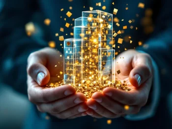 Handen houden glazen kantoorgebouw dat oplost in gouden deeltjes, pensioen BV concept op blauwe achtergrond
