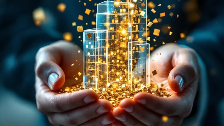 Handen houden glazen kantoorgebouw dat oplost in gouden deeltjes, pensioen BV concept op blauwe achtergrond