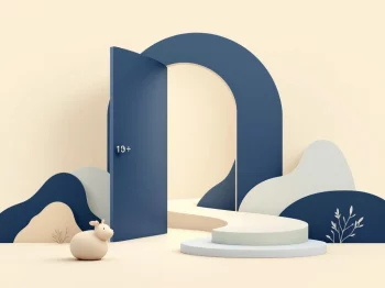 Minimalistisch ontwerp met open deur naar pad in navy en beige, symboliseert vroegtijdige ontbinding pensioen BV
