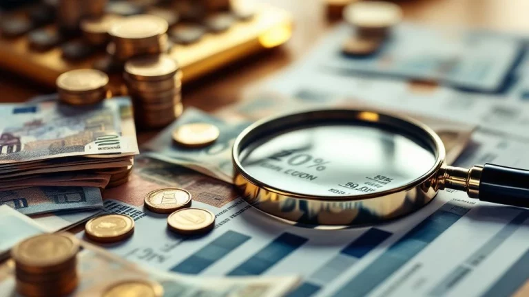 Gouden calculator met eurobiljetten en munten op houten bureau, vergrootglas over belastingformulieren voor pensioenberekening