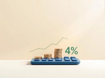 Rekenmachine en oplopende stapel munten met 4% symbool, symboliserend pensioenberekening en financiële groei