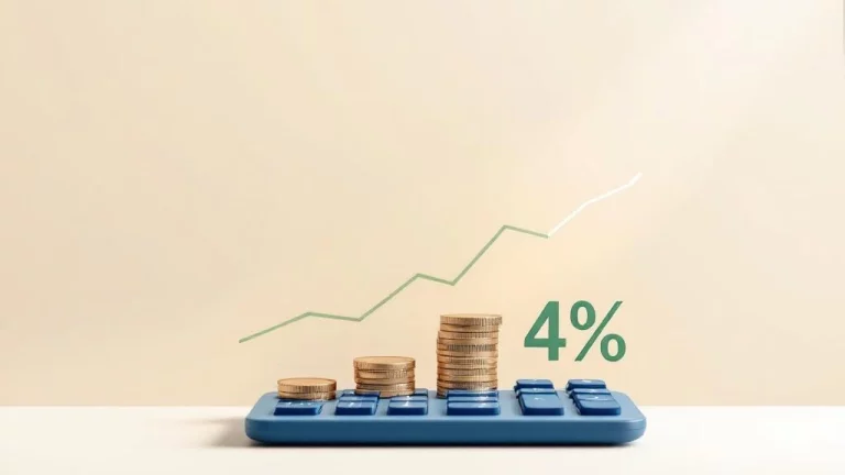 Rekenmachine en oplopende stapel munten met 4% symbool, symboliserend pensioenberekening en financiële groei