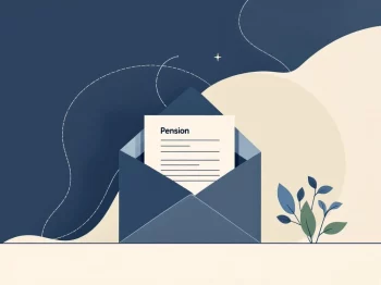 Professionele illustratie van documentenmap met pensioenpapers naast beschermende paraplu in navy, beige en saliegroen