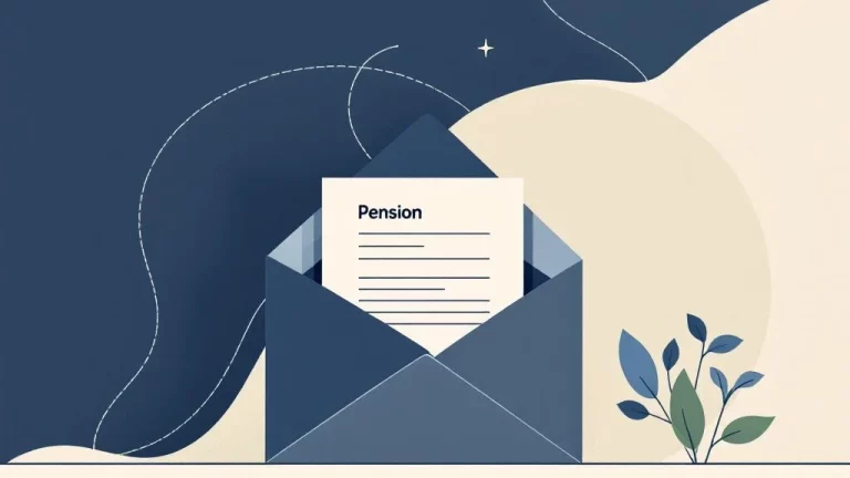 Professionele illustratie van documentenmap met pensioenpapers naast beschermende paraplu in navy, beige en saliegroen