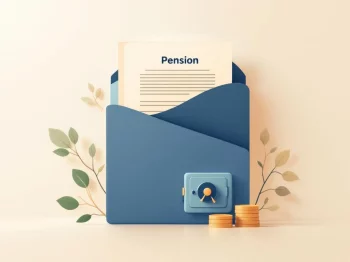 Professionele illustratie van pensioenmap met documenten, muntenstapel en kluis op crème achtergrond voor financiële zekerheid