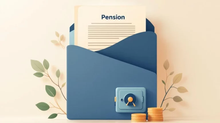 Professionele illustratie van pensioenmap met documenten, muntenstapel en kluis op crème achtergrond voor financiële zekerheid