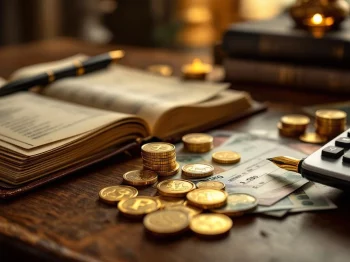 Gouden munten en eurobiljetten op mahonie bureau met leren grootboek, calculator en vulpen voor financiële planning