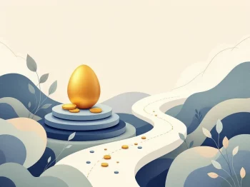 Gouden pensioenpot op gestapelde munten met vertakkende paden, symboliseert financiële keuzes voor ondernemers