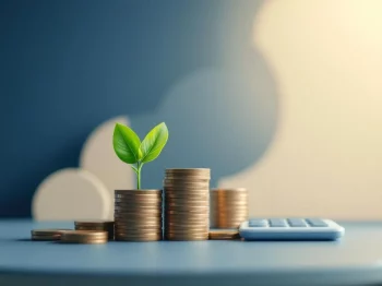 Kiemplant groeit uit gestapelde munten op blauwe achtergrond, symboliseert pensioengroei en financiële planning