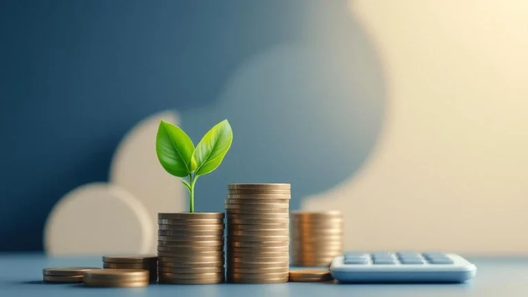 Kiemplant groeit uit gestapelde munten op blauwe achtergrond, symboliseert pensioengroei en financiële planning