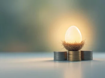 Gloeiend nest-ei op gestapelde euromunten symboliseert €50.000 jaarlijks pensioeninkomen op blauwe achtergrond