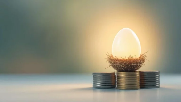 Gloeiend nest-ei op gestapelde euromunten symboliseert €50.000 jaarlijks pensioeninkomen op blauwe achtergrond