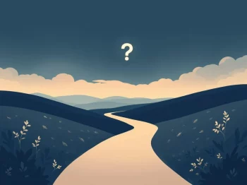 Kruispunt met twee paden: een naar pensioengebouw, ander naar open landschap, met vraagteken symbool erboven