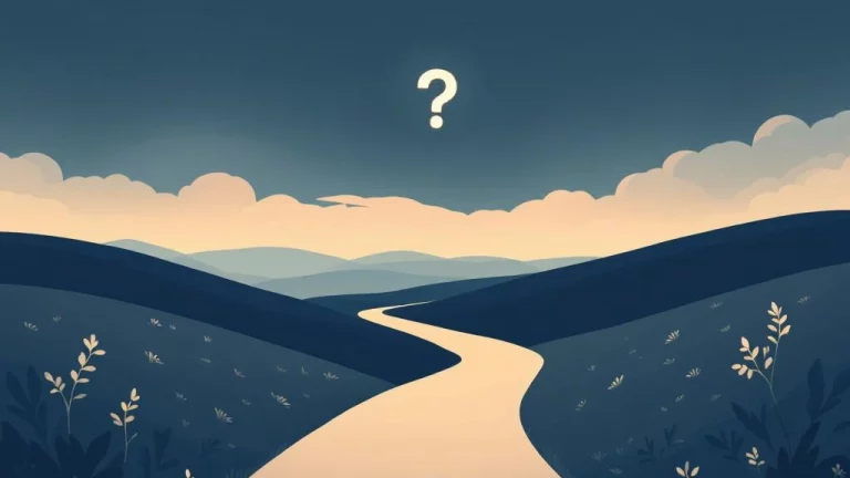 Kruispunt met twee paden: een naar pensioengebouw, ander naar open landschap, met vraagteken symbool erboven