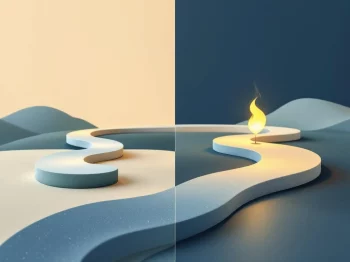 Twee pensioenroutes: korter pad met zandloper links, langer pad met eeuwige vlam rechts op blauwe achtergrond