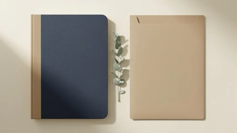Klassiek pensioendagboek en modern documentenmap naast elkaar op crèmekleurig bureau met groen plantentakje, bovenaanzicht.