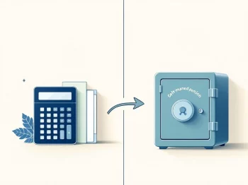Professionele illustratie van pensioentransitie: calculator en mappen links, kluis rechts, verbonden door pijl