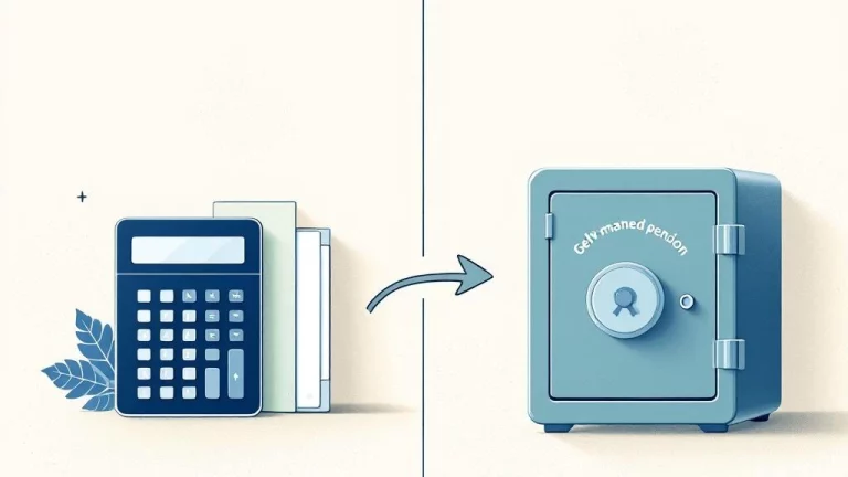 Professionele illustratie van pensioentransitie: calculator en mappen links, kluis rechts, verbonden door pijl